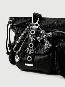 ROMWE 2 Y2k Retro Unique Personalized Heavy Industry Punk Dark Wind Goth Black Glossy Leather Metal Air Eye Hole Eye Wrist Strap Ancient Silver Demon Bat Wings Square Letters "Dark" Pin One Arrow Through The Heart Hollow Star Ring Dripping Oil Thorns Rose Love Uneven Skull Cross DIY Keychain Bag Pendant Pendant, Combination Set, Suitable For Women, Girls, Sisters, Girlfriends, Couples Daily Wear, Holiday Gifts - Black - View 6