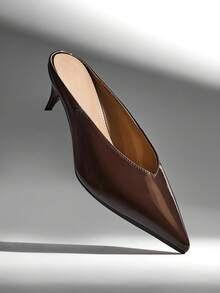 SHUZIA Giày mules nữ thời trang thoải mái, mũi nhọn, gót thấp, chất liệu PU bóng. - Màu nâu Sô-cô-la - Xem 7