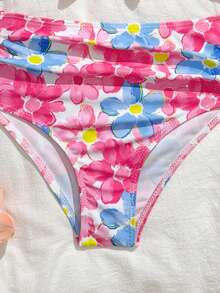SHEIN Tween Girl Spaghetti Strap Bikini Top, Pink Floral Print Double Ruffle Design, 2pcs Swimwear Set Suitable For Beach - Pink - View 5