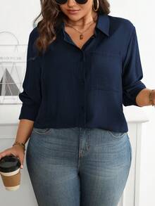 Vionelle Plus Size Solid Color Front Button Casual Long Sleeve Shirt Office Navy Blue Autumn - Navy Blue - View 5