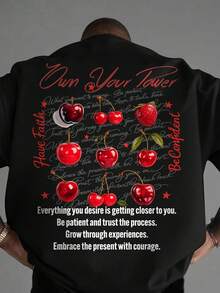 Manfinity EMRG Camiseta oversize vintage de hombre con estampado de cerezas, camiseta para festival de música - Negro - Ver 3