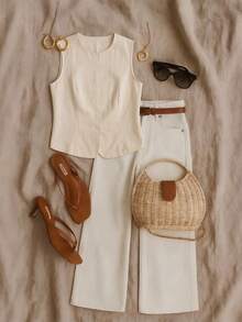 Elaquor Plus Size Women Summer Casual Solid Color Sleeveless Top Work Tops White For Curve Crop - Apricot - View 3