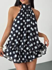 SHEIN PETITE Đầm ngắn cổ yếm màu be thanh lịch dành cho nữ - màu đen - Xem 8