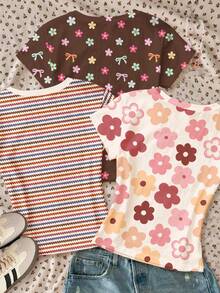 3pcs/Set Tween Girls Casual T-Shirts,Brown And White Polka Dot,Summer,Cute,School,Back-To-School,Floral Striped Round Neck Short Sleeve Basic Tops - Multicolor - View 2