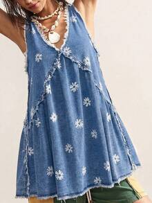 Bohemela Đầm denim cổ chữ V thêu hoa dáng thường ngày dành cho nữ, thích hợp cho các bữa tiệc và dạo phố. - Rửa nhẹ - Xem 5