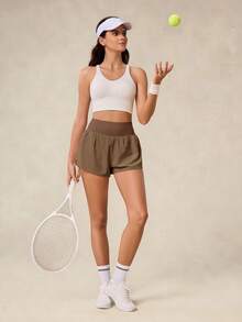 OutZeal Celana Pendek Olahraga Wanita, Celana Pendek Latihan, Celana Pendek Tenis, Celana Pendek dengan Hem Bergelombang, Bawahan Aktif - Khaki - View 7