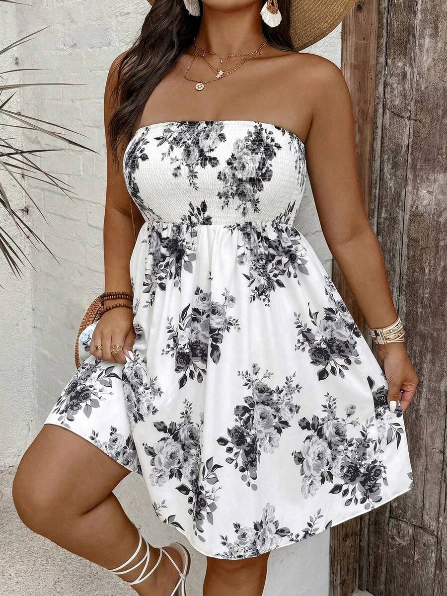 SHEIN VCAY Gaun Tube Kasual Longgar Motif Bunga Ukuran Plus - MultiWarna - View 1