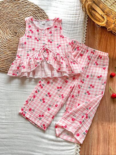 Vintaside Kids Bộ đồ 2 mảnh tối giản cho bé gái, gồm áo hai dây và quần dài in họa tiết chanh, chất liệu chiffon, thích hợp mặc hàng ngày, đi chơi và du lịch, mùa xuân/hè.