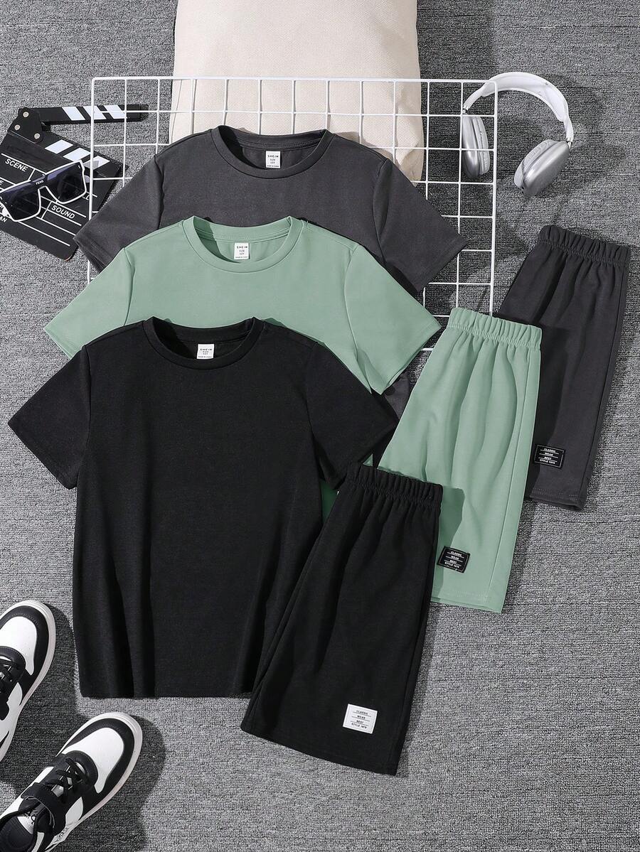 SHEIN 6件套青少年男孩舒适休闲金属项链装饰圆领短袖T恤上衣、短裤套装，适合街头、派对、居家休闲，高性价比多件套 - 綠色 - 查看 1