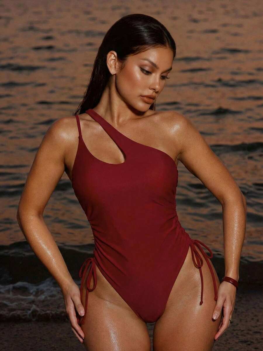 SHEIN Swim 夏季海滩抽绳侧单肩连体泳衣 - 玫瑰紅 - 查看 1