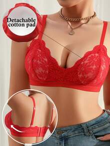 SHEIN 1pc Lace Wireless Bra For Women - Red - View 5