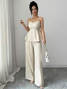 Elenzga Bộ đồ nữ thời trang gồm áo hai dây phối ren và quần ống rộng có túi, trang phục đi nghỉ mát 2 mảnh, bộ đồ hè cho nữ, bộ đồ hè 2 mảnh, phong cách nghỉ hè, bộ đồ đi biển 2 mảnh cho nữ - Màu be - Xem 4