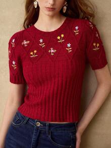 MOTF PREMIUM EMBROIDERED FLORAL KNIT FITTED PETAL SLEEVE KNIT TOP FOR WOMEN - Red - View 1