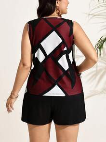 SHEIN LUNE Zanzea Plus-Size Women's Summer Sleeveless Geometric Round-Neck Pullover Shorts Set,Black And White,Elegant,Smart Casual,Vacation,Terno Pants Outfits - Multicolor - View 2