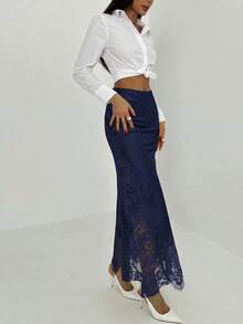 Aloruh Women's Lace Patchwork Casual Versatile Date Night Skirt - Blue - View 5