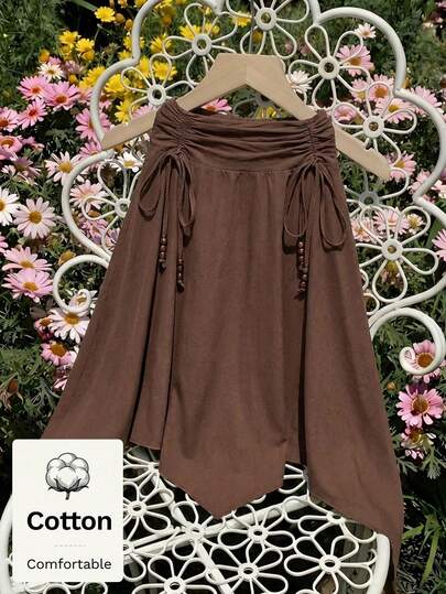 SHEIN MOD Chân váy dài màu nâu bằng cotton dành cho nữ, kiểu dáng retro lãng mạn, boho, họa tiết hoa, bất đối xứng, đính cườm.