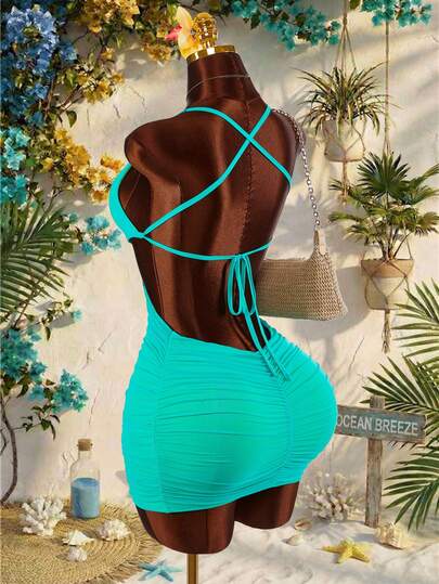 Amplova Đầm ngắn gợi cảm hai dây, màu trơn, thiết kế xoắn eo, khoét eo dành cho nữ, thích hợp cho kỳ nghỉ.