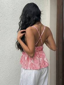 SHEIN Unity 女士夏季度假休闲波西米亚印花露背荷叶边吊带背心 - 粉色 - 查看 2
