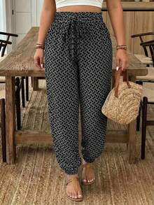 SHEIN Frenchy Quần ống rộng cỡ lớn in họa tiết toàn thân, kiểu dáng thường ngày, thắt nút, thích hợp cho kỳ nghỉ. - màu đen - Xem 1