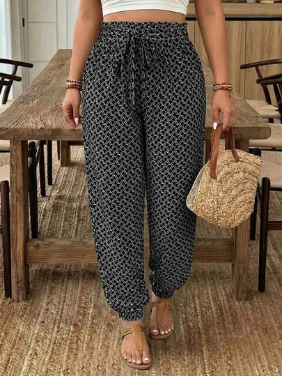 SHEIN Frenchy Plus Size All-Over Print Knotted Casual Vacation Pants