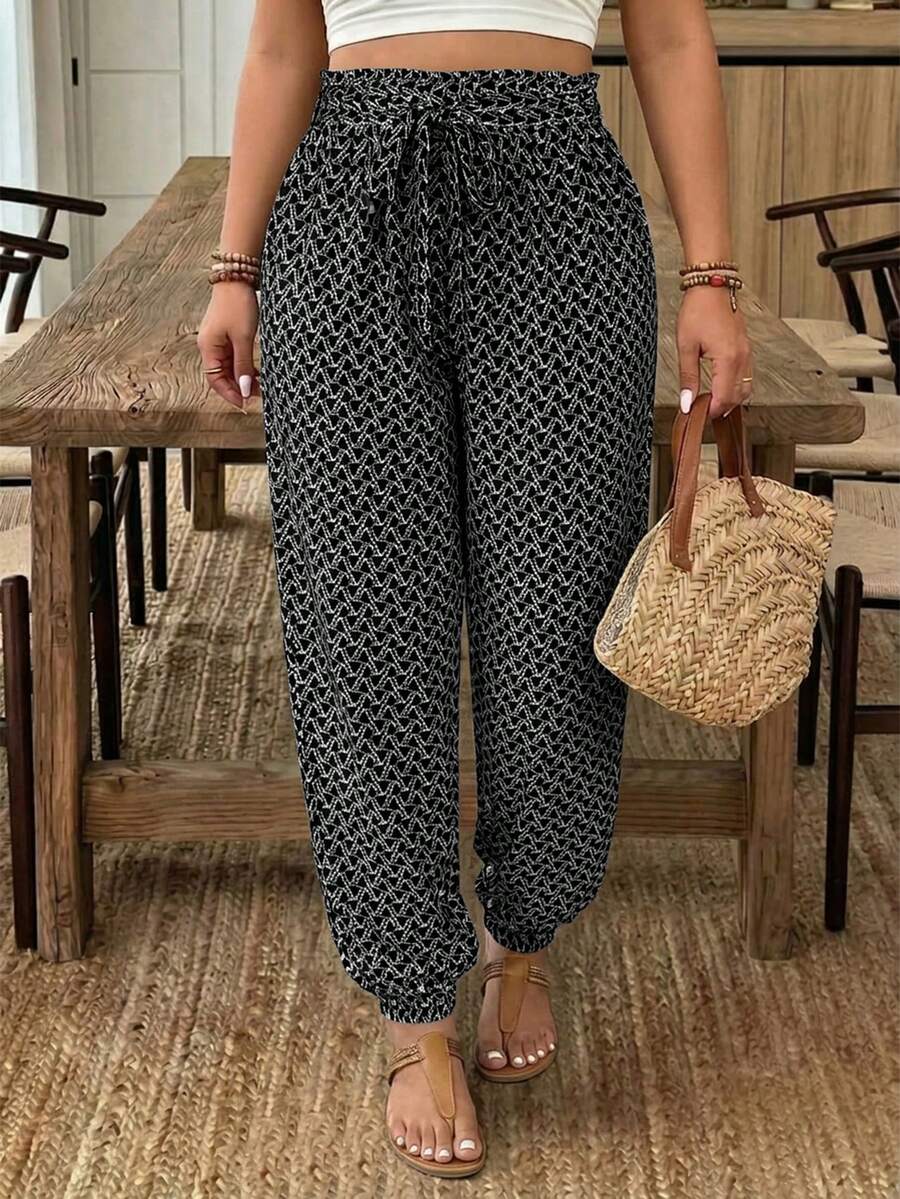 SHEIN Frenchy Quần ống rộng cỡ lớn in họa tiết toàn thân, kiểu dáng thường ngày, thắt nút, thích hợp cho kỳ nghỉ. - màu đen - Xem 1