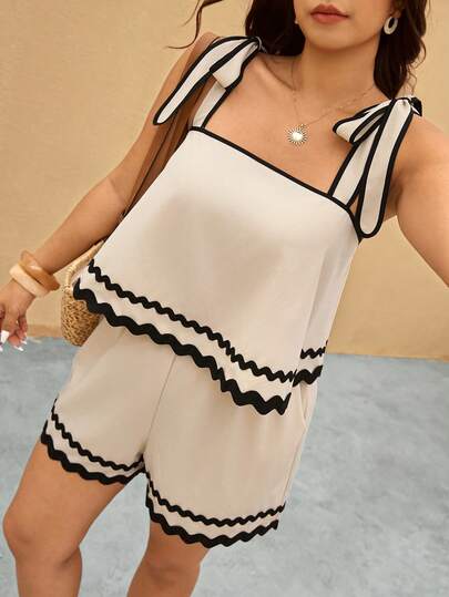 Elaquor Plus Size Vacation Casual Contrast Color Webbing Trim Camisole & Shorts 2 Pieces Set