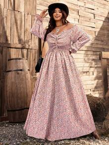 Ceyna Đầm maxi họa tiết hoa nhí tay phồng cổ chữ V thắt dây, kiểu dáng lãng mạn thanh lịch phong cách Bohemian cho kỳ nghỉ, thích hợp cho mùa xuân/hè. - Hồng - Xem 4