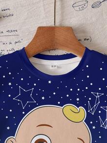 CoComelon X SHEIN Áo thun ngắn tay in hình hoạt hình dễ thương và ngôi sao, phong cách thường ngày, thời trang cho bé trai, thích hợp mặc đi làm hàng ngày, mùa hè. - trắng - Xem 5