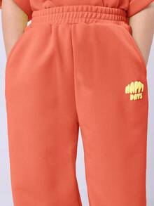 Girls Happy Days Turn Back Wide Leg T-Shirt Set With Text Print And Matching Pants - Coral Pink - View 6