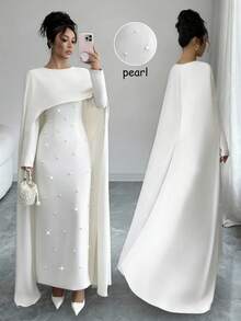 Elenzga 女士秋冬针织圆领长袖伞裙珍珠装饰修身长款派对连衣裙 - 白色 - 查看 6