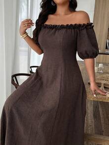 Weeklong Plus Size Casual Solid Color Asymmetric-Shoulder Dress With 3D Floral Decor Day - Coffee Brown - View 6