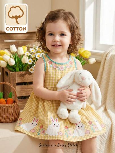 Cozy Pixies Đầm bé gái họa tiết hoa và kẻ caro, thêu hình thỏ hoạt hình dễ thương, cổ tròn, không tay, eo, kiểu dáng đồng quê ngọt ngào và đáng yêu, phù hợp cho đi chơi, nghỉ mát, mặc thường ngày hoặc dự tiệc.