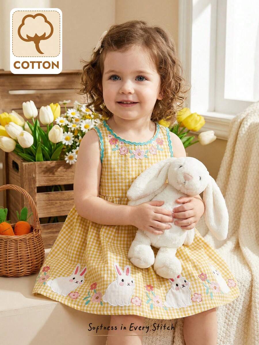 Cozy Pixies Baby Girl Floral & Plaid Pattern Cute Rabbit Cartoon Embroidered Round Neck Sleeveless Waist Dress, Sweet & Lovely Countryside Style Suitable For Outings, Vacation, Casual, Party Bunny Dress For Baby Girl Cotton Baby Dress - Yellow - View 1