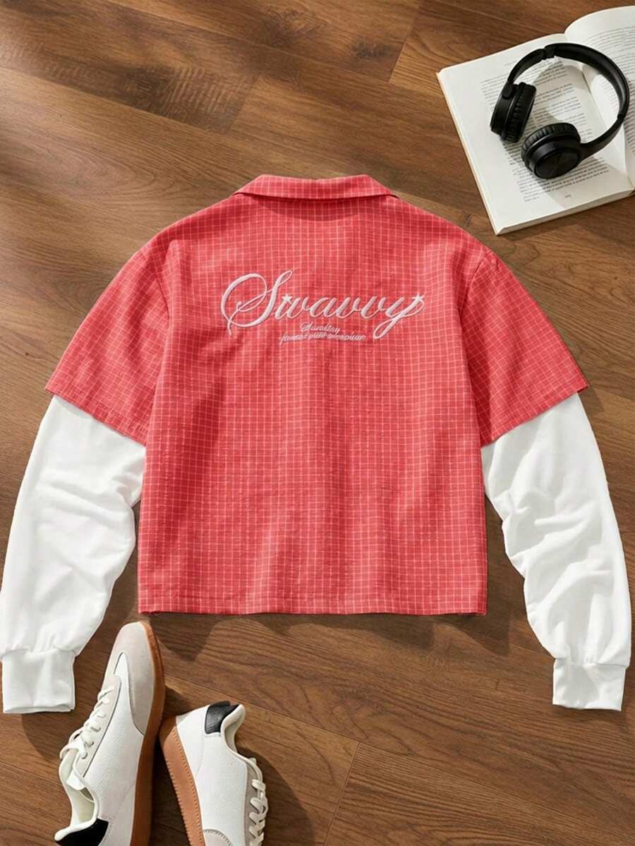 SWAVVY Men's Plaid Letter Print Single-Breasted Long Sleeve Shirt - Red - View 1