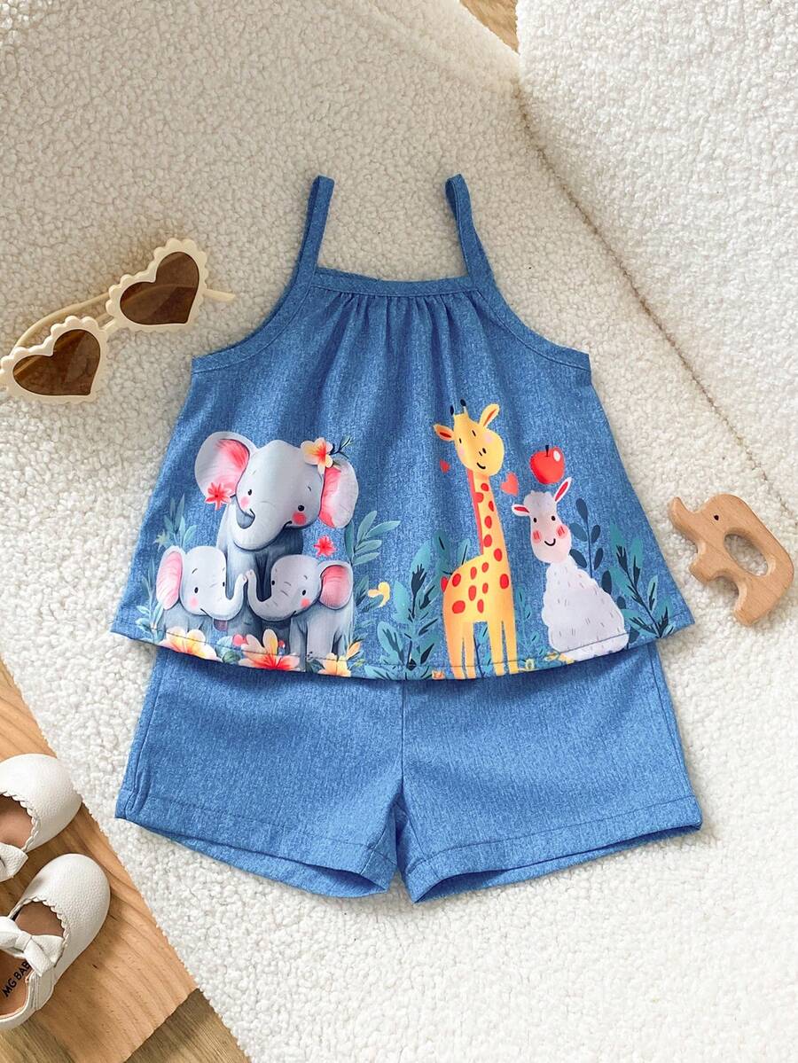 SHEIN Playful Pals 女婴简约可爱3D立体花卉装饰吊带背心和短裤套装,夏季海滩度假 - 藍色 - 查看 1