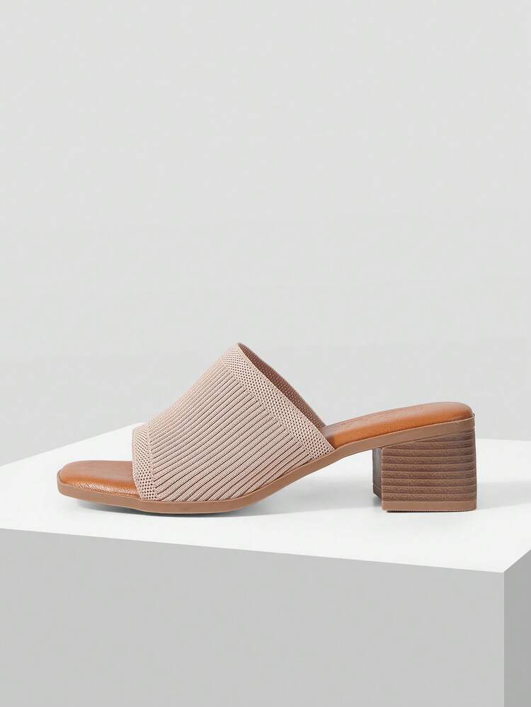 SUMMER APRICOT VELVET WOVEN SQUARE TOE THICK HEEL ONE-PIECE SLIPPERS FASHIONABLE AND CASUAL SOLID COLOR WOMEN'S HIGH-HEELED SANDALS