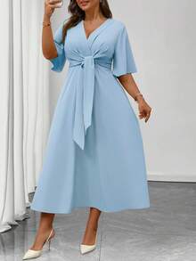 Elenzga Plus Size Women's Elegant Daily Wear V-Neck Ruffle Short Sleeve Tie-Waist A-Line Maxi Dress - Blue - View 6