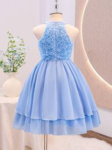 Tween Girl Blue 3D Floral Decor Halter Neck Summer Dress Autumn Fall - Blue - View 3
