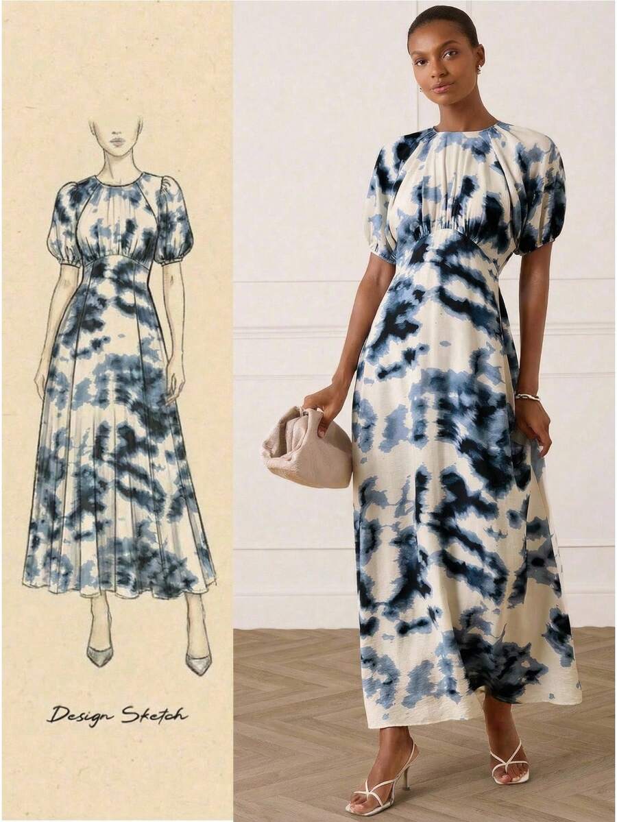 Lilora 女士优雅蜡染印花花瓣袖收腰连衣裙，度假风 - 藍白色 - 查看 1