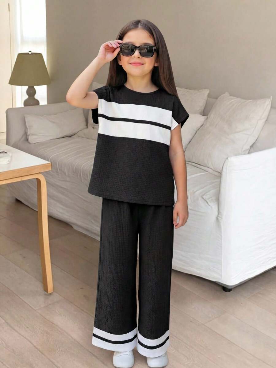 SHEIN Bộ áo thun ngắn tay và quần dài mùa hè màu đen trắng cho bé gái. - Đen và trắng - Xem 1