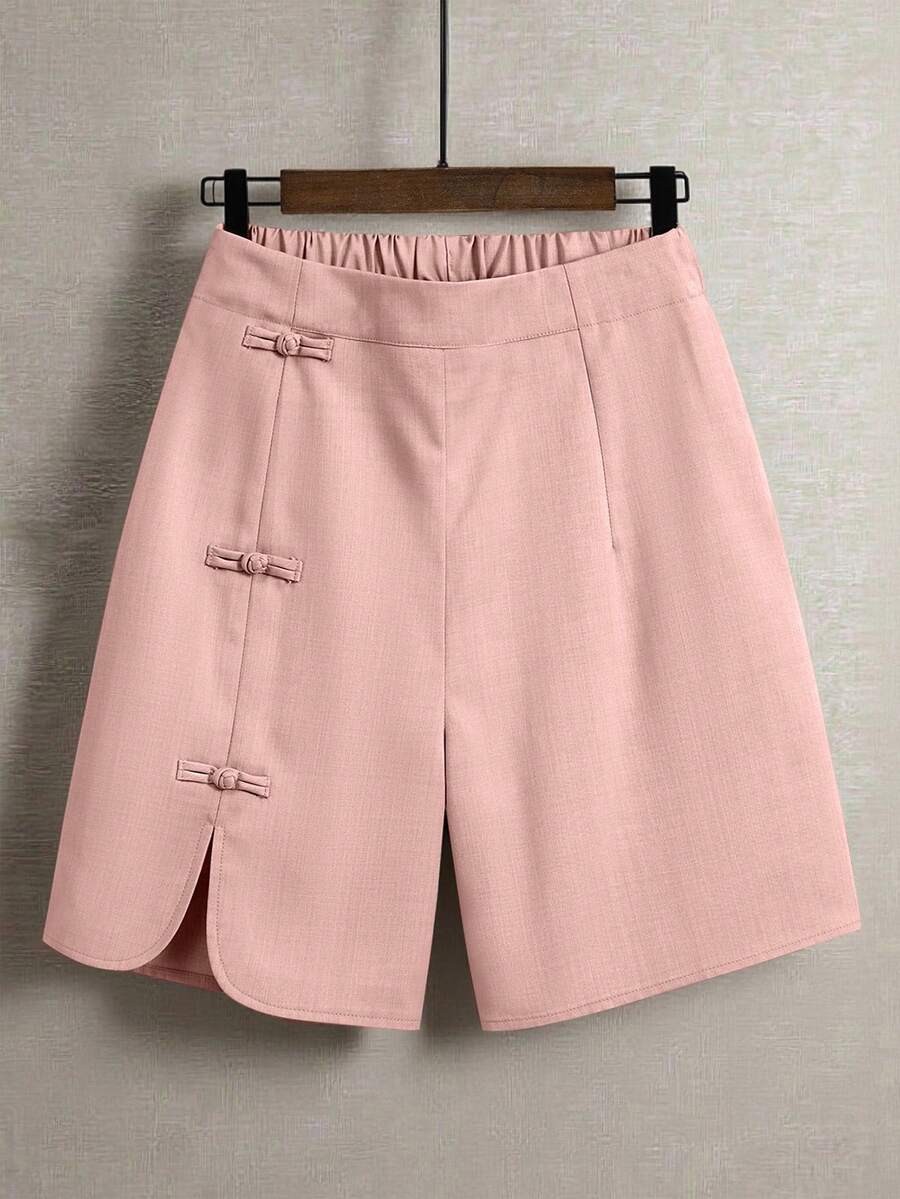 EMERY ROSE Women's Casual Commute Daily Outing Elastic Waist Round Slit Design Chinese Knot Button Decoration Shorts