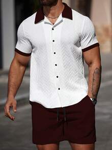 Manfinity CasualCool Bộ 2 món đồ nam mùa hè, kiểu dáng thường ngày, gồm áo sơ mi cài cúc phía trước và quần short, phối viền tương phản. - Nhiều màu - Xem 4