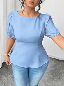 Elenzga 大码女式纯色泡泡袖蝴蝶结露背优雅休闲衬衫，夏季套装 - 淺藍色 - 查看 4