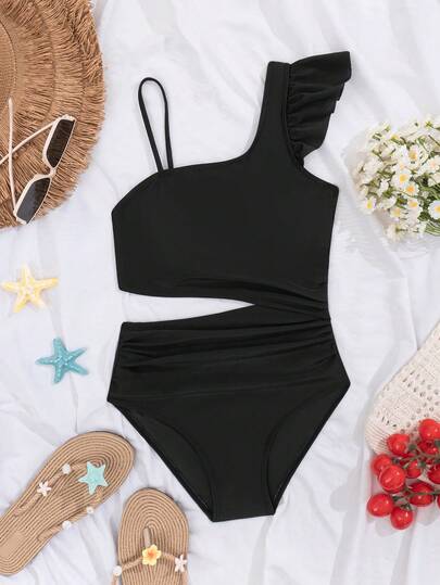 SHEIN Tween Girl Fitted Asymmetric Ruffle Strap Monokini, Waist Cutout One-Piece Swimsuit, Black Hollow-Out One-Piece Swimsuit, Asymmetric Neckline, Hollow-Out Design, Fashionable European And American Style, Suitable For Beach Vacation, Summer Girls Swimwear Set, Tween GirlsSwimsuit, Bikini Set, Swimsuit Set