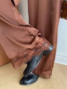 SHEIN EZwear Quần ống rộng màu nâu dệt kim dành cho nữ - Cà phê nâu - Xem 7