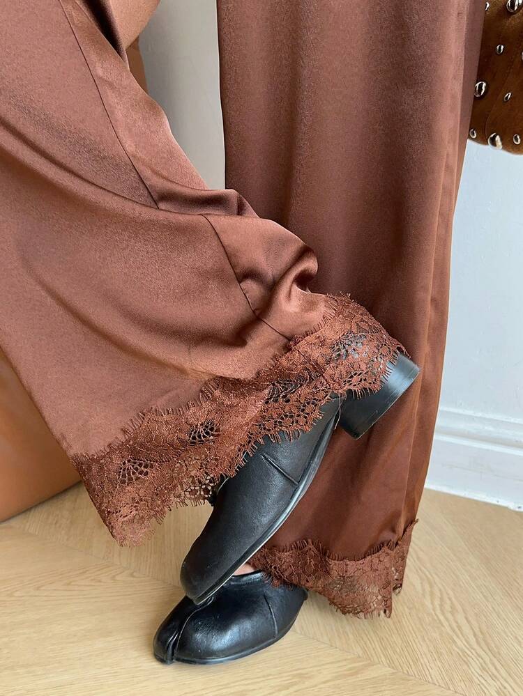 SHEIN EZwear Summer Business Brown Woven Wide Leg Pants For Women - Coffee Brown - View 7