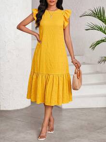 SHEIN Lady 女士中长连衣裙 女士优雅连衣裙 女式连衣裙 - 黃色 - 查看 4