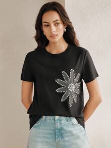 Anewsta Camiseta negra de cuello redondo con decoración de flores, cuentas y cristales - Negro - Ver 5