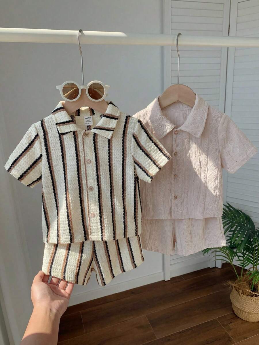 SHEIN 2件套男婴夏季休闲度假可爱条纹针织衬衫套装 - 彩色 - 查看 1