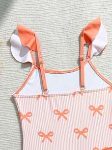 Young Girl One Piece Swimsuit Summer Beach Holiday Bow Print Ruffle Strap Bathing Suit With Mesh Wrap Skirt,High Elastic Breathable Kids Swimwear - Orange - View 4